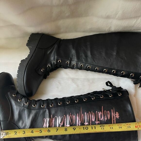 Black vegan leather lace up knee high chunky boots with metallic pink script SZ9 - Picture 6 of 12